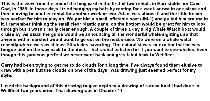 Text Box: This is the view from the end of the long yard in the first of two rentals in Barnstable, on Cape Cod, in 1988. In those days I tried hedging my bets by renting for a week or two in one place and then moving to another rental for another week or two. Adam was almost 5 and the little beach was perfect for him to play on. We got him a small inflatable boat (JM-1) and pulled him around in it. I remember thinking the small clear plastic panel on the bottom would be great for him to look through but it wasn�t really clear enough. A couple of times a day a big Whale Watch boat would cruise by. As usual the guide would be announcing all the wonderful whale sightings so that anyone within earshot would want to go out on the next cruise. We were on a whale watch recently where we saw at least 25 whales cavorting. The naturalist was so excited that he was tongue tied on the way back to the dock. That�s what to listen for if you want to see whales. Even though this yard was perfect we never went back and gravitated back to Wellfleet. Gerry had been trying to get me to do clouds for a long time. I�ve always found them elusive to draw with a pen but the clouds on one of the days I was drawing just seemed perfect for my style.I used the background of this drawing to give depth to a drawing of a dead boat I had done in Wellfleet two years prior. That drawing was in Chapter 11.